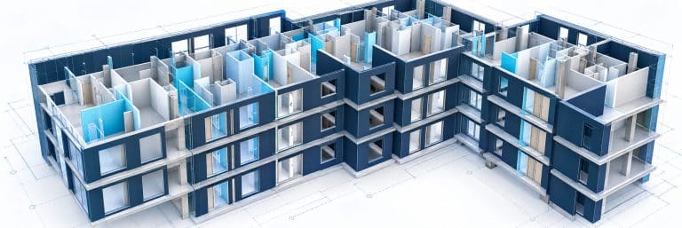 Maquette numérique 3D d’un bâtiment à plusieurs niveaux, vue en coupe isométrique