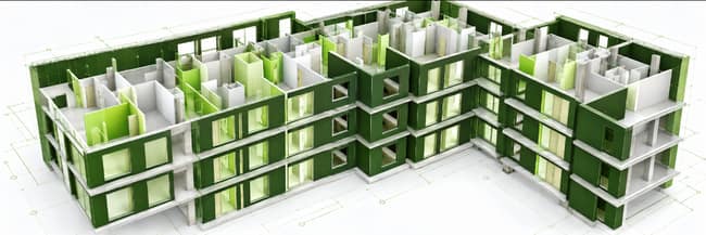 Maquette numérique 3D d’un bâtiment à plusieurs niveaux, vue en coupe isométrique