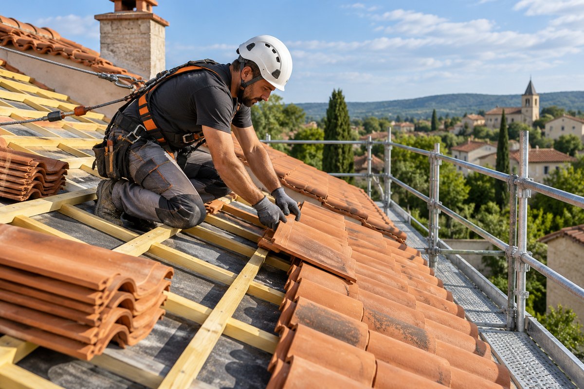 Couvreur posant des tuiles sur une toiture