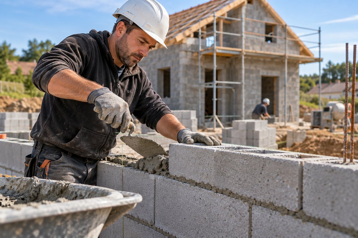 Maçon posant des blocs béton sur un chantier de maison