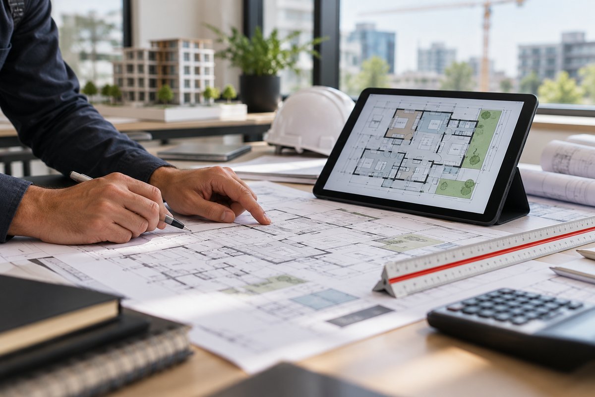 Métreur travaillant sur des plans de bâtiment avec une tablette